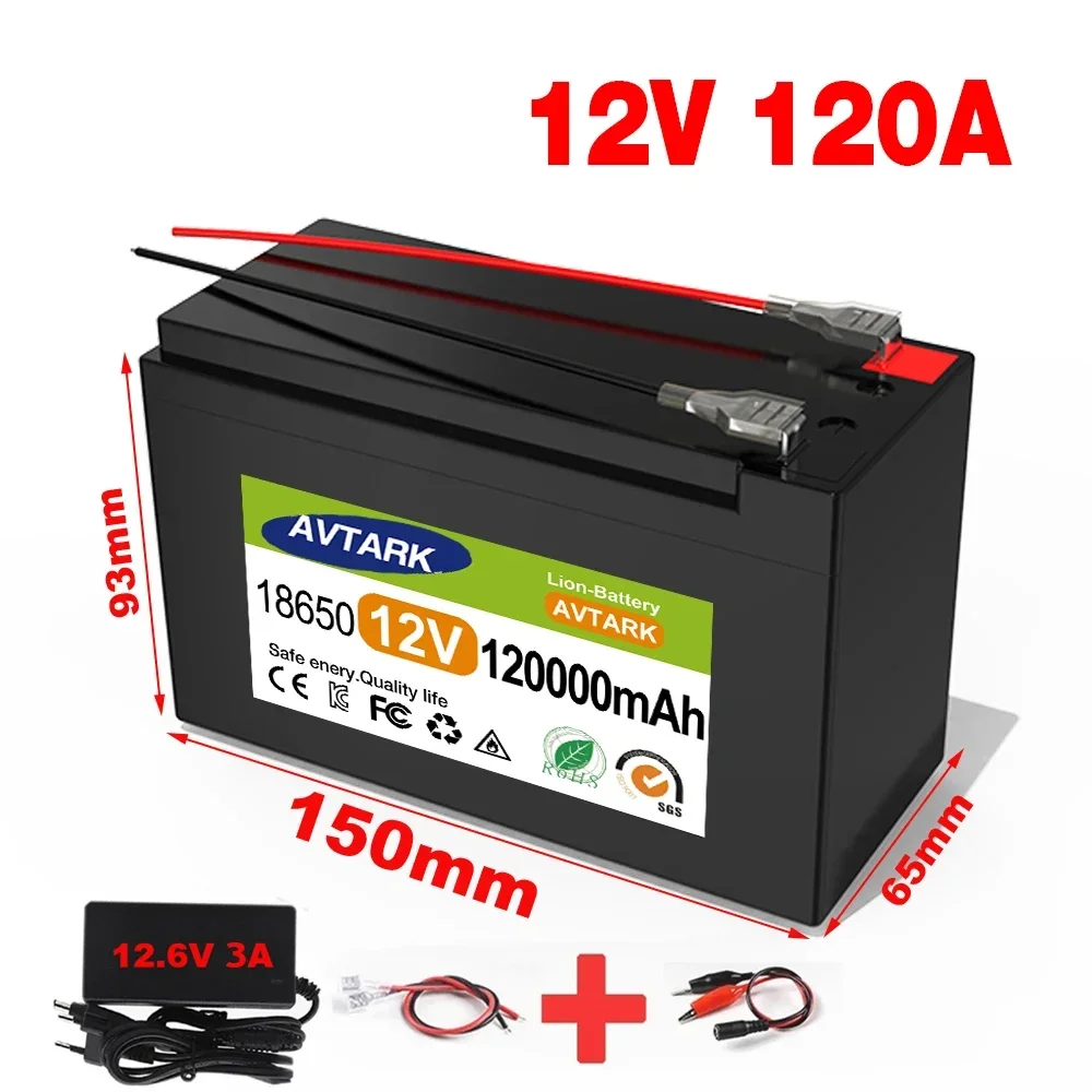 12V Battery 100Ah 18650 Lithium Battery Pack Rechargeable Battery for Solar Energy Electric Vehicle Battery+12.6v3A Charger