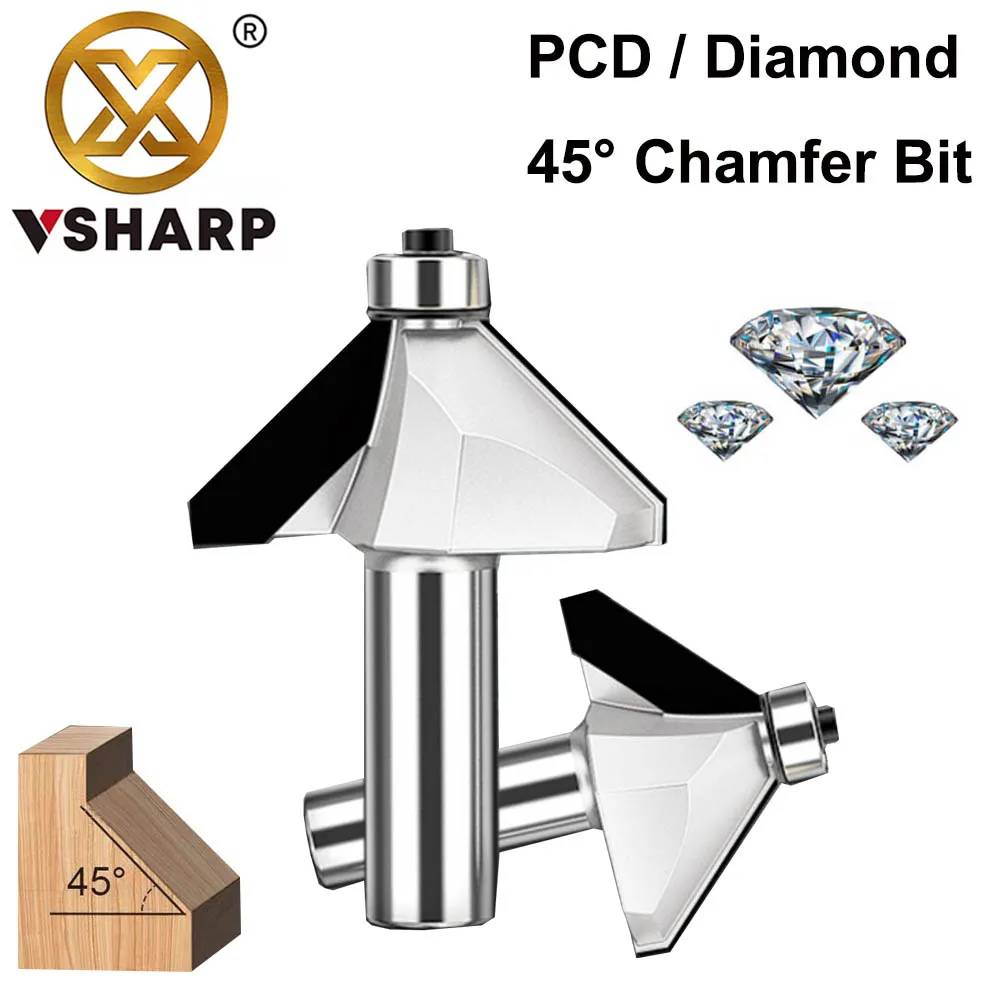 

Vsharp PCD 45 Degree Bevel Cutter Diamond Bevel Chamfer Router Bit CNC Trimming Milling Cutter Woodworking Tool Longlife Bit