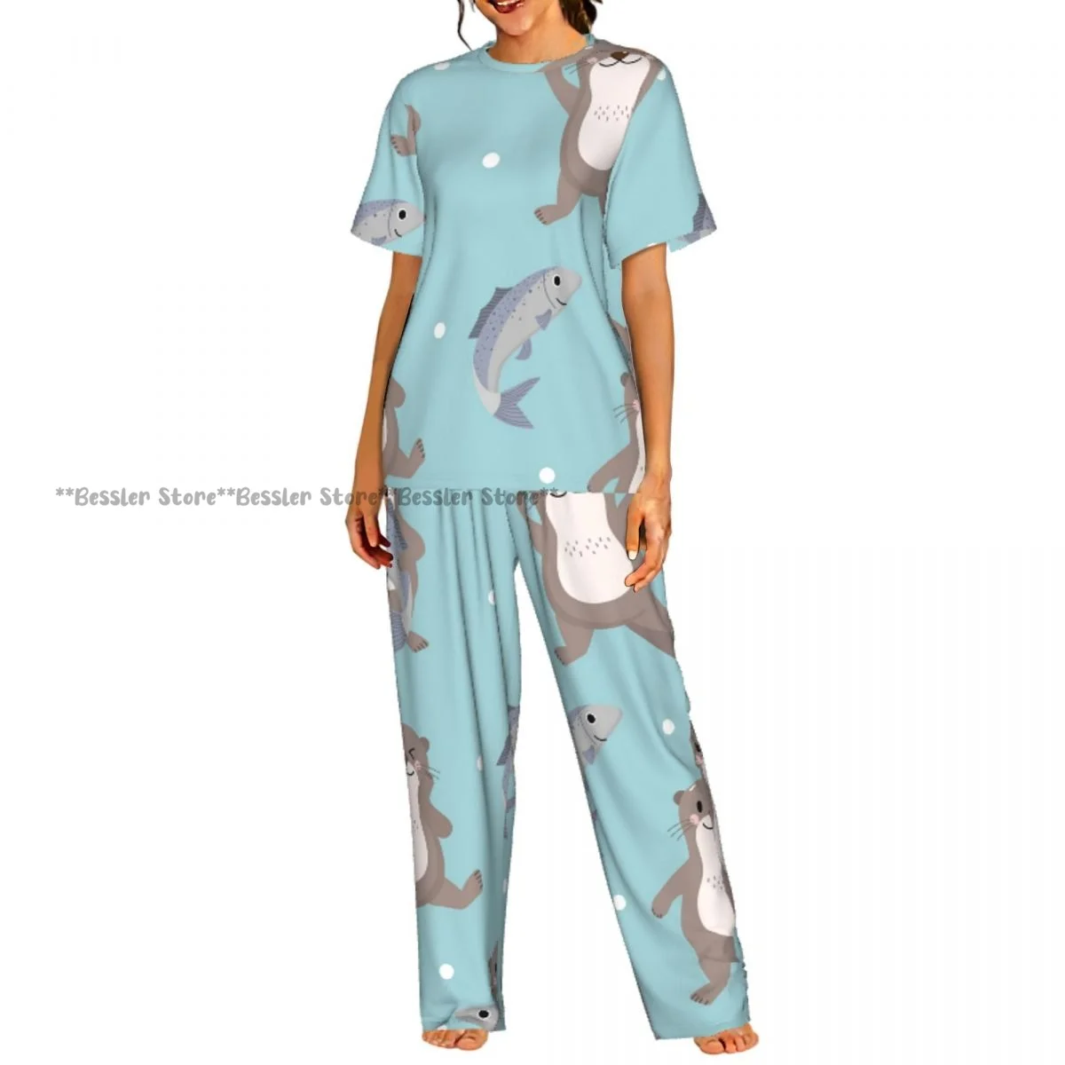 

Women's Comfort Pajamas Women's Cute Otter And Fish Short Sleeve Set Sleepwear