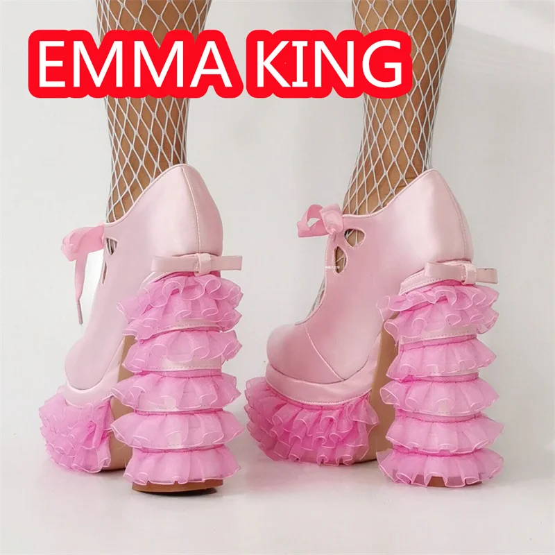 Pink Square Toe Lace Flowers Platform Sweety Girls Dancing SAndals 2025 Shallow Silk Lace Up Size 47 Sexy Runway Shoes Heels image 3