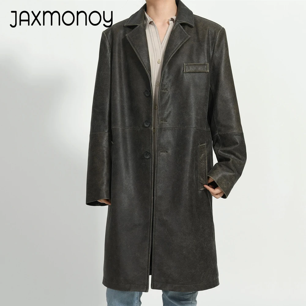 Jaxmonoy-casaco de pele de carneiro feminino, trench coats de couro verdadeiro para senhoras, jaqueta longa de couro genuíno, nova chegada, primavera e outono 2024