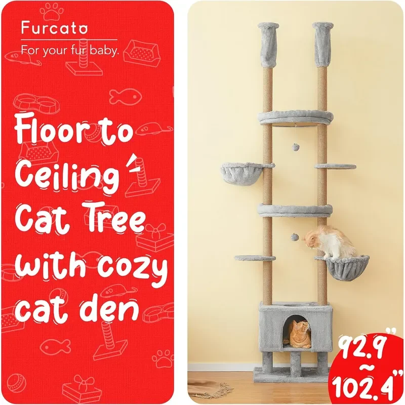 Cat Tree Floor to Ceiling Cat Tower Adjustable Height 92.9-102.4in=235-258cm 7 Tiers Cat Climbing Play House with Fully Sisal