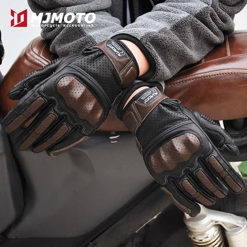 Imagen 2 del producto Con CE aprobado verano Retro Cuero perforado Guantes de motocicleta hombres mujeres dedo completo Motocross Dirt Biker Guantes Moto