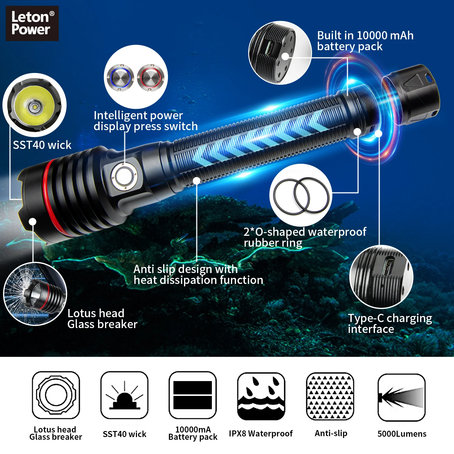 Diving Flashlight,LetonPower Submariner-26S 5000Lumens Dive Light,100m Waterproof,Dive Lights Scuba Diving,with Type-C Charging