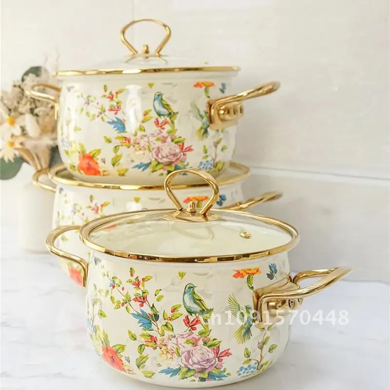 Enamel Soup Pot Retro Flower Bird Binaural Large Capacity Stew Pot with Lid Home Enamel Utensils for Kitchen Delicate Cookware