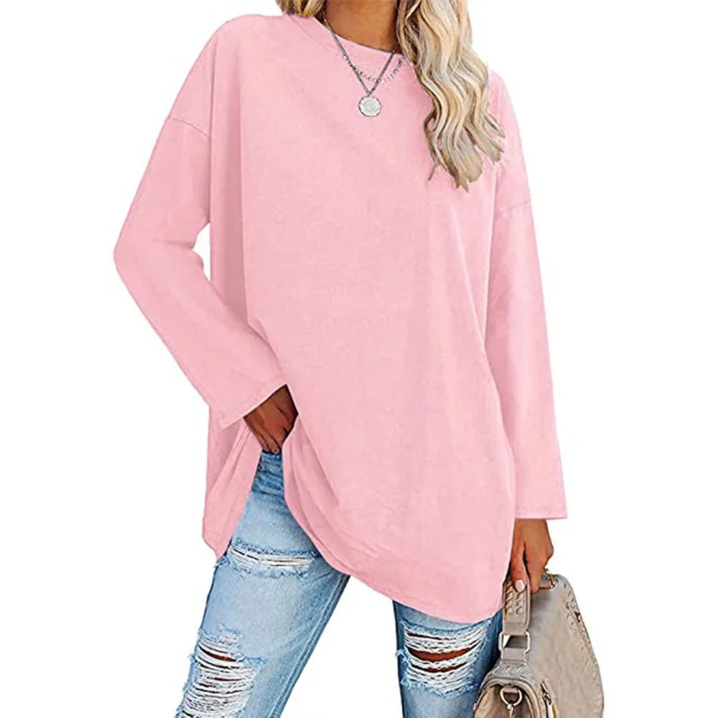 Womens Spring and Autumn New Crew Neck T Shirt Solid Color Splicing Loose Large Size Comfortable Soft Versatile Long Sleeves Top