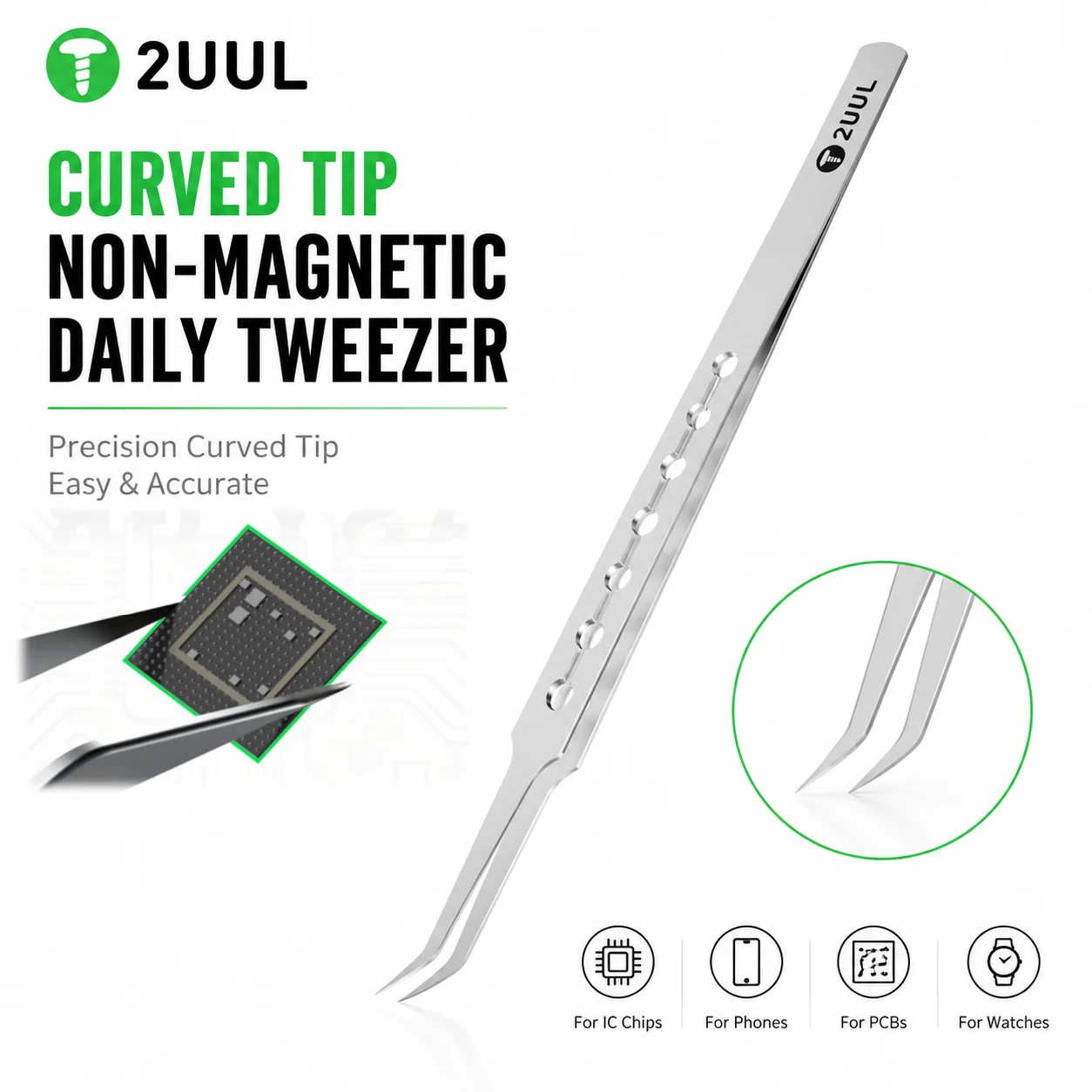 2UUL TW23 Curved Tip Non-magnetic Tweezer Tin Positioning Clamp Super Hard Stainless Steel Phone Motherboard Chip Repair Tool