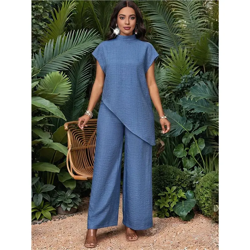 Women 2 Piece Outfits Asymmetrical Top Wide Leg Pants Matching Sets Denim Blue S-A74P
