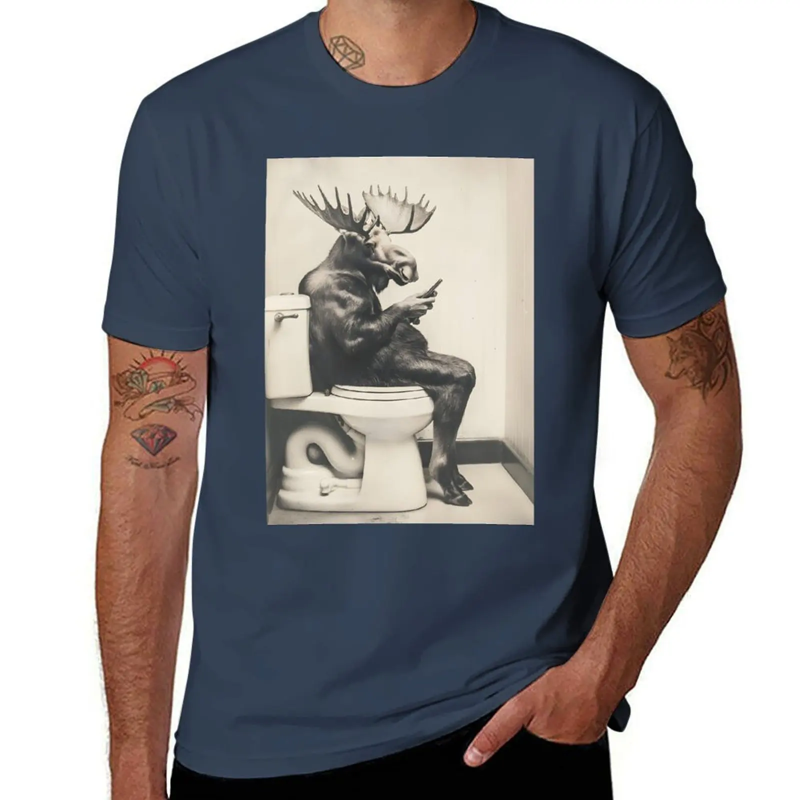 Moose on Toilet Watching Phone, Funny Bathroom Animal T-Shirt t shirts cotton 100% man t shirts cotton T-Shirt