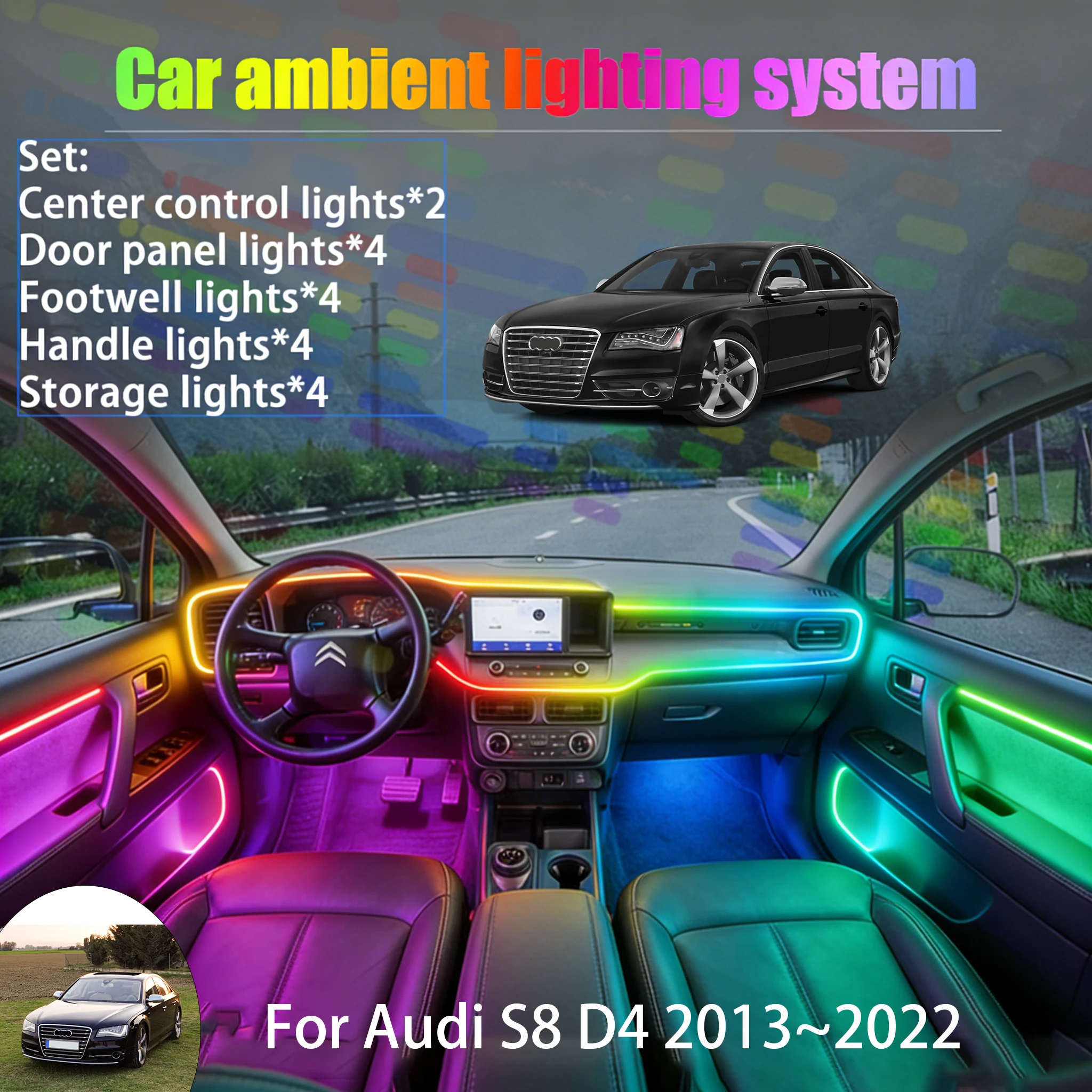 

For Audi S8 D4 2013~2022 MK3 2/18 in 1 Car ambient lighting Led trunk interior led lights USB RGB Ensemble Streamer Auto Parts