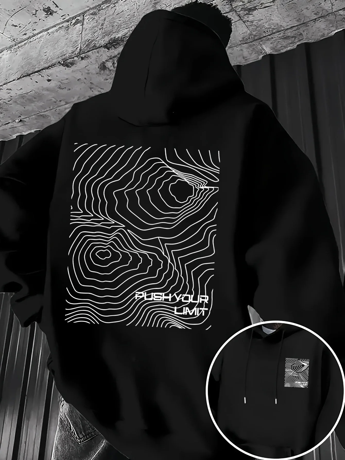 Mens Hip Hop Sports Hoodie Push Your Limit Topographic Line Double Sided Print Fashion Loose Urban Streetwear Hooded Sweatshirt