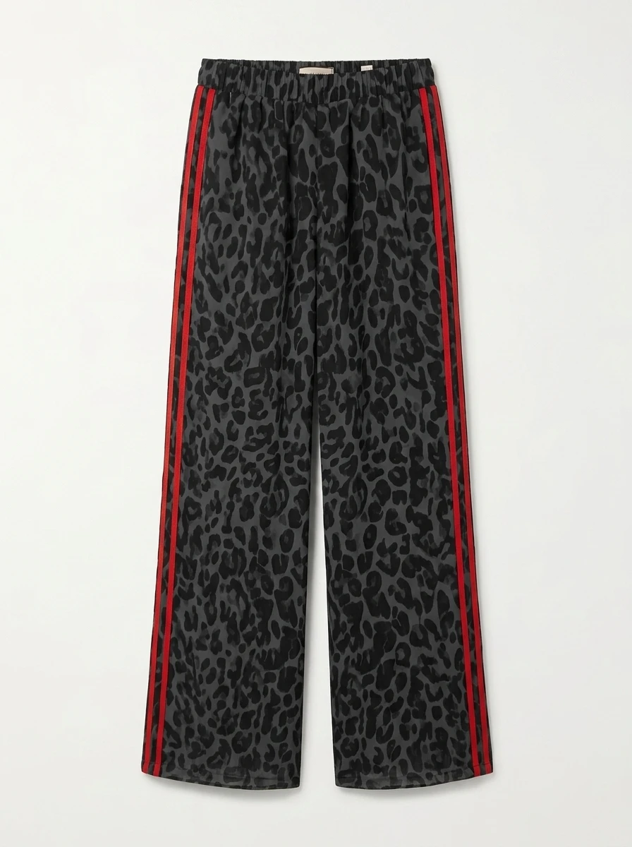 

Freeacy 2026 Summer Fashion Women's Grey Leopard Print Wide Leg Pants Elastic Waist Casual Trousers With Red Side Stripes