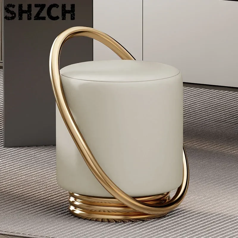 Luxury Modern Vanity Stool with Gold Metal Frame, Upholstered Round Accent Chair, Elegant Footrest for Bedroom Living Room