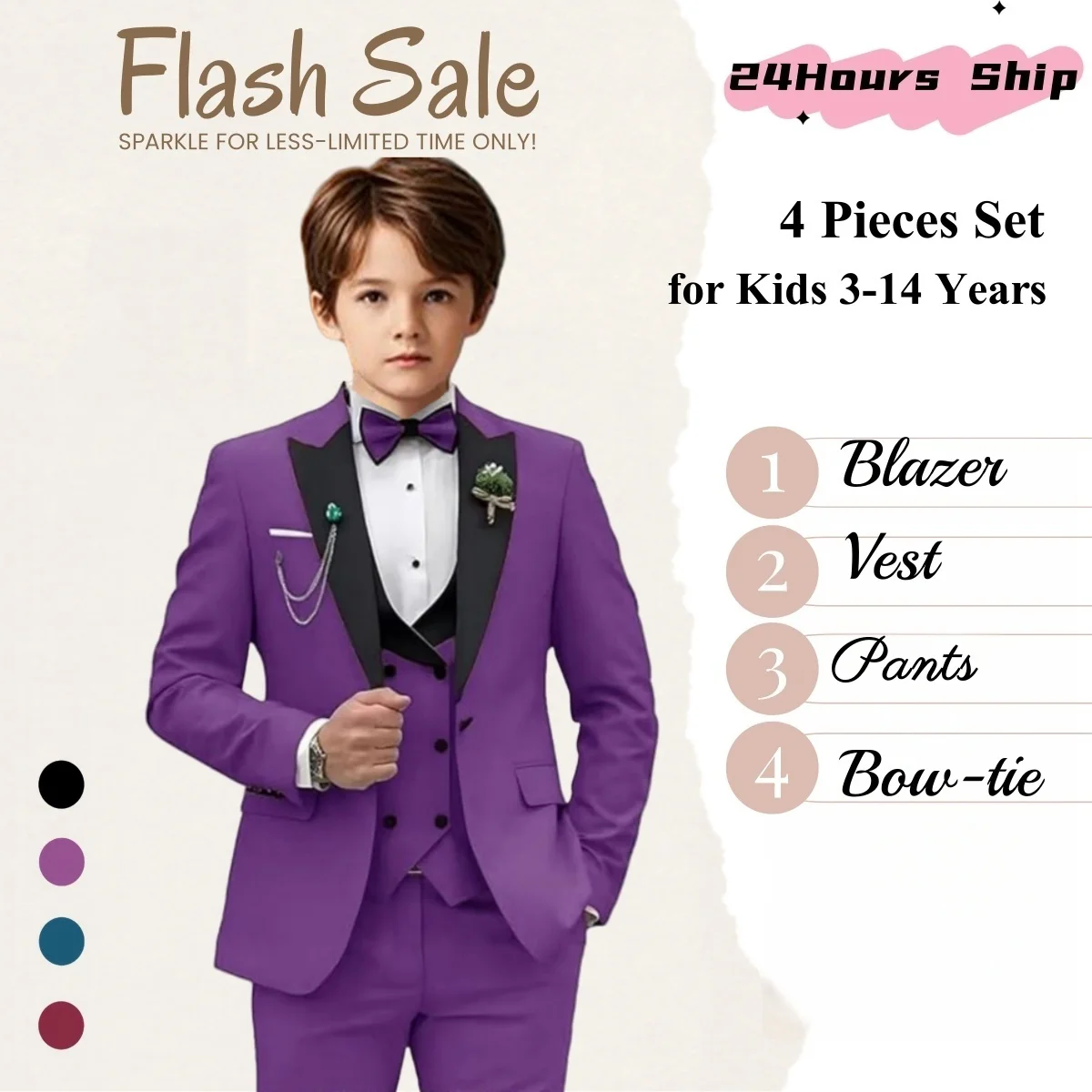 

Ships Now Boys Suit Set for Formal Occasion - 4 PCS Jacket Pants Vest Bowtie - 3T-14 Toddler Teen Tuxedo Pants Pageant Suits