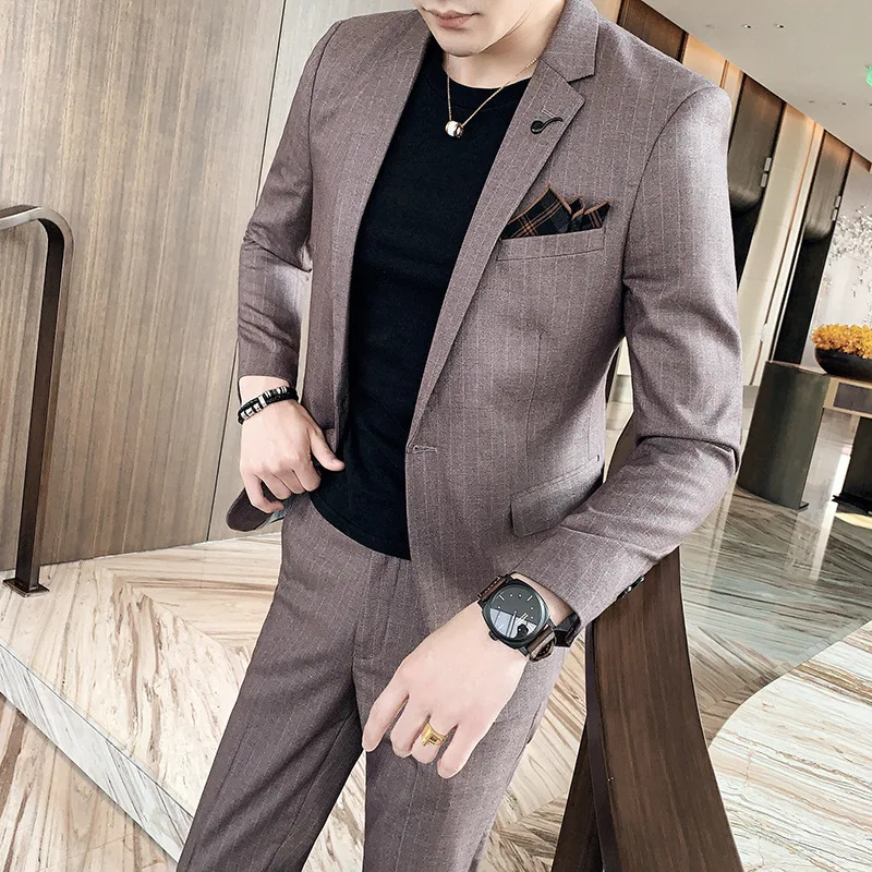 European and American Business Suits Autumn and Winter British Slim Suit Men's Fashion Striped Suit+trousers Two-piece Suit