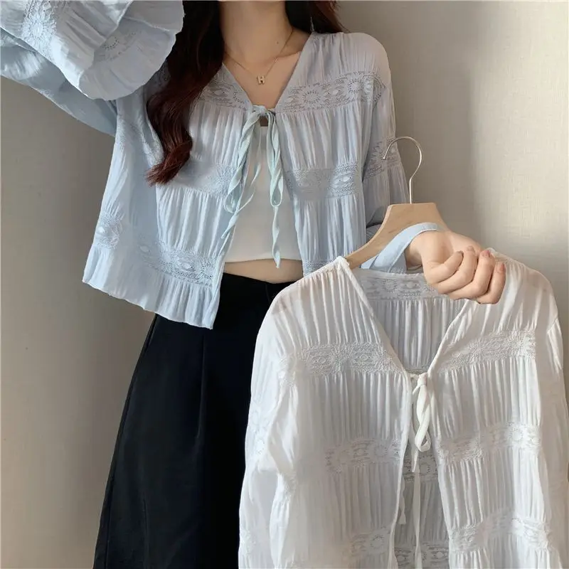 Fairy Style Solid Cardigan Women Summer New Long Sleeve Sunscreen Sweet V-neck Basics Loose Chiffon Cardigan