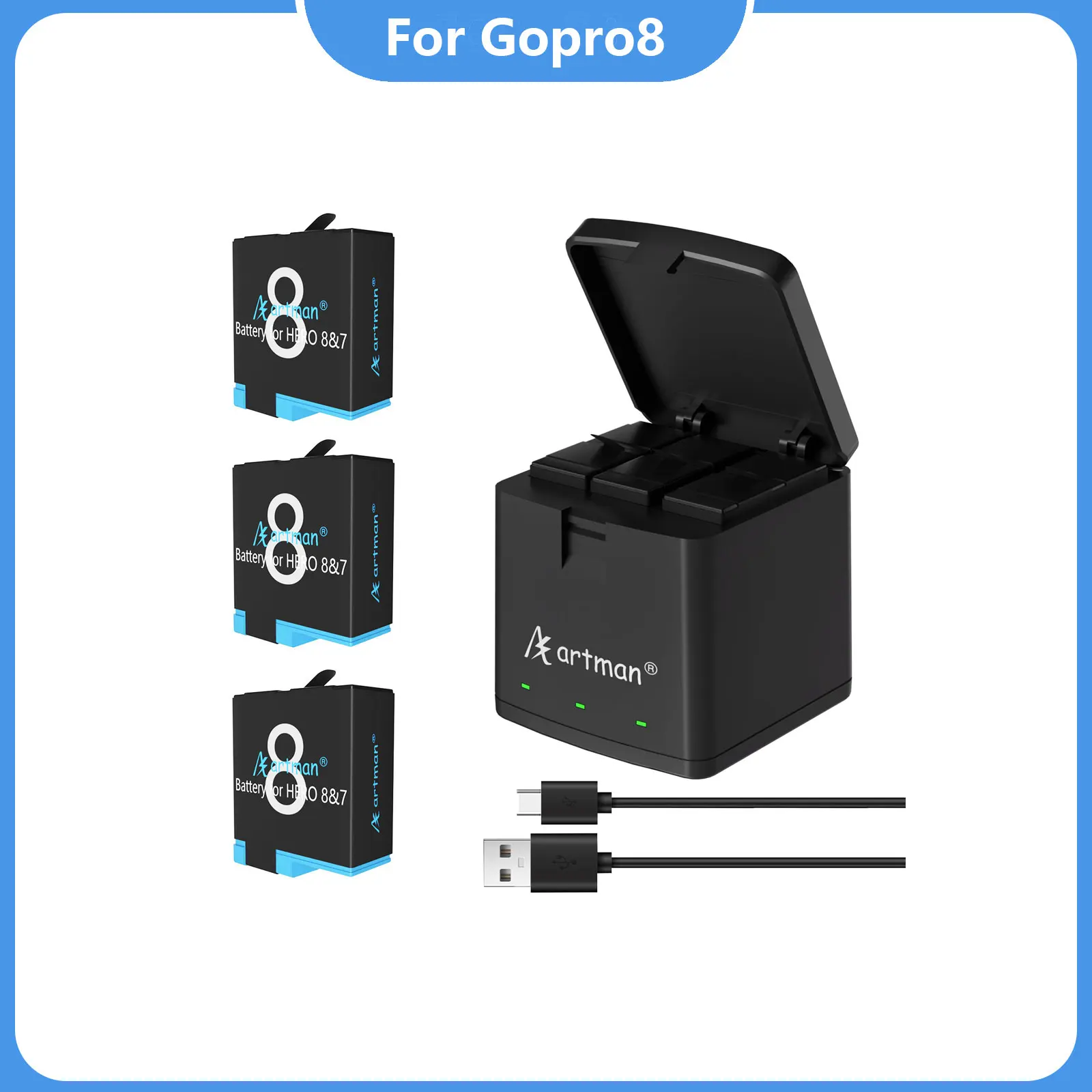 

Artman For GoPro Hero 8 hero 7 hero 6 hero 5Black Battery or Triple Charger for Go Pro Hero8- hero5 Black camera battery Charger