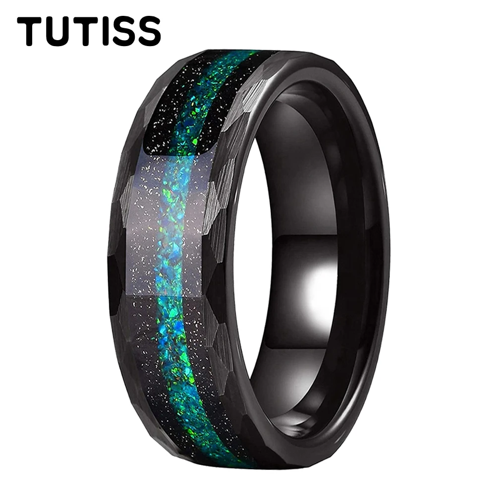 TUTISS 8mm Men Women Black Hammered Tungsten Flowing Sand Inlay Ring Fashion Engagement Promise Wedding Band Comfortable Fit