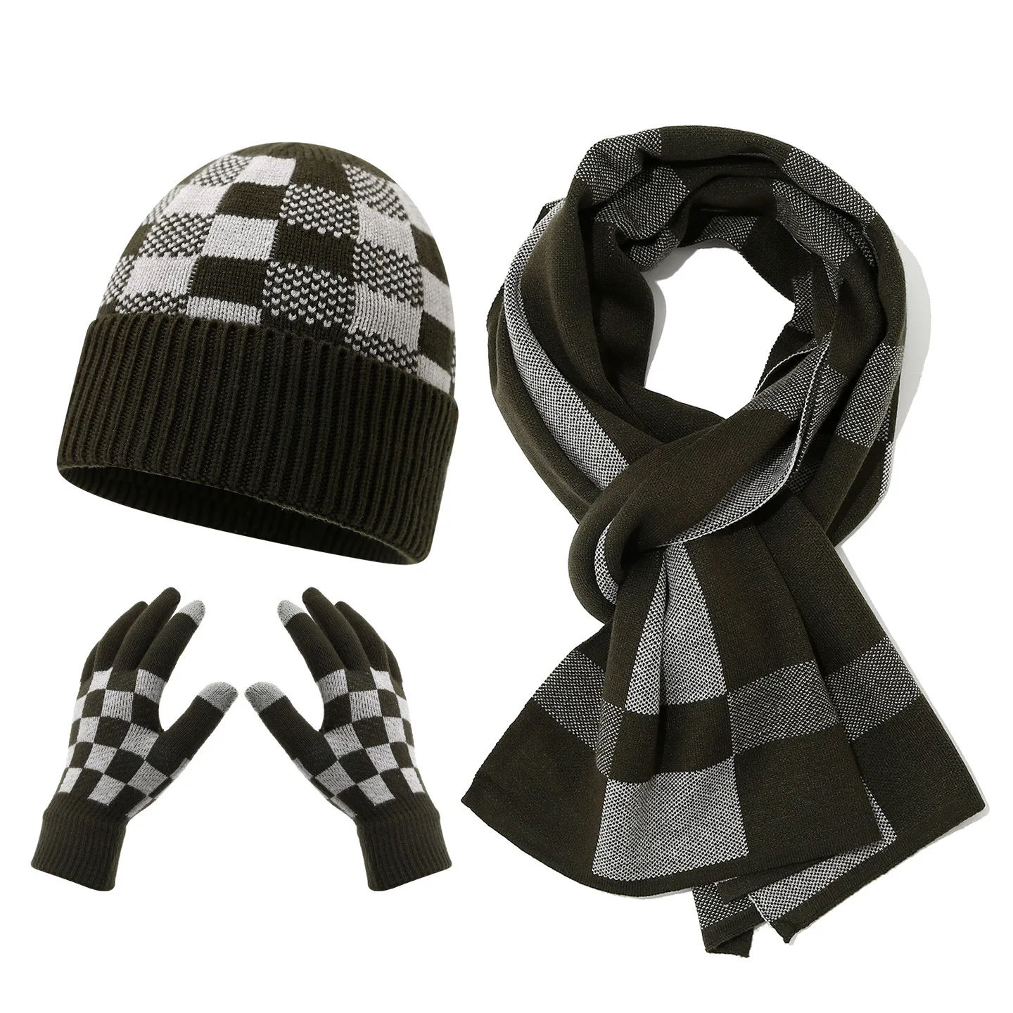 Men Checkerboard Knit Hat Scarf Gloves Set 3 Piece Warm Winter Beanie Neck Wrap for Daily Outdoor Wear