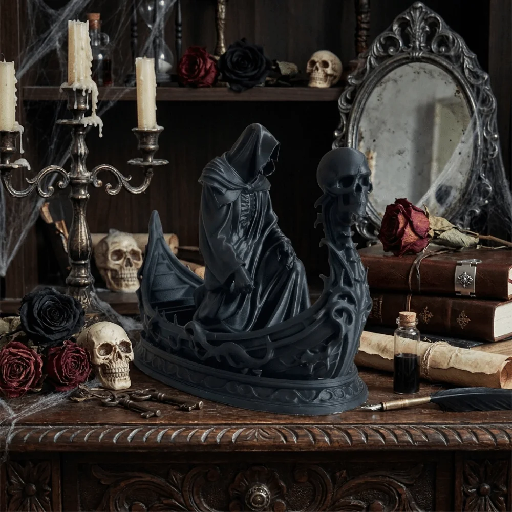 Gothic Style Grim Reaper Statue Lightweight Dark Mythology Ferryman Sculpture Resin Hooded Skeleton Skeleton Figurine
