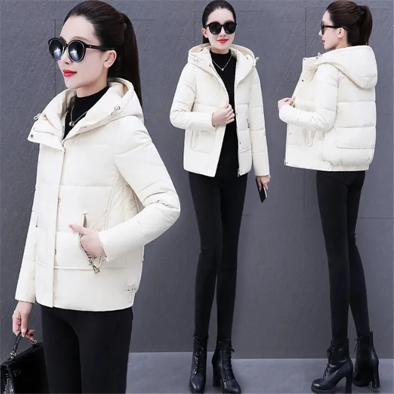 Winter Down Cotton Jacket Women 2023 New Loose Hooded Coat Fashion Concealed Zipper Outerwear Pure Colour Parka Overcoat Female