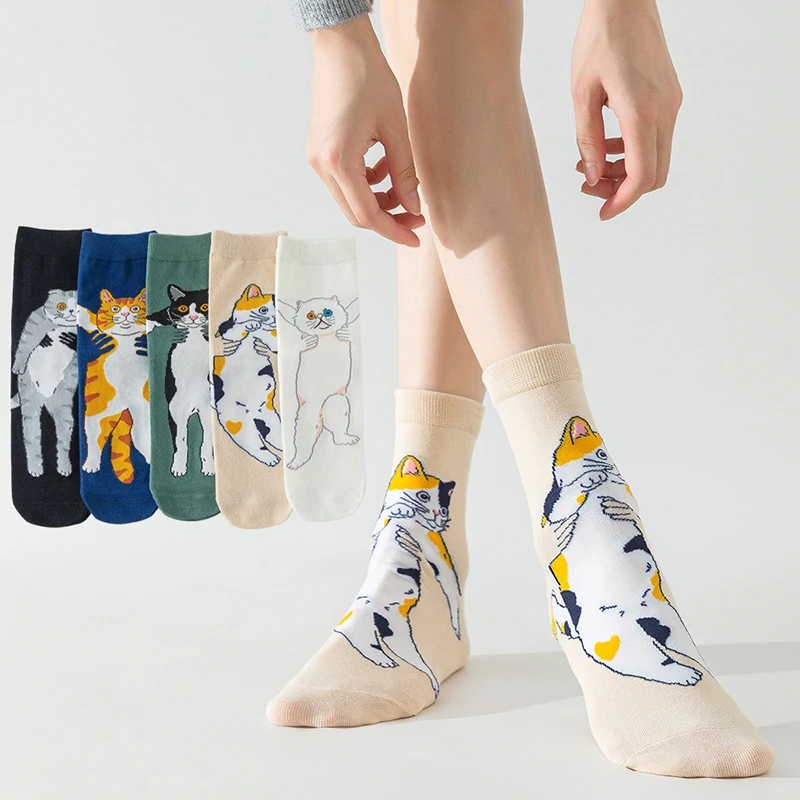 

Новые женские носки с мультяшными котиками, 1/5 пар, милые хлопковые короткие носки с животными, дышащие повседневные забавные носки для школьниц и женщин