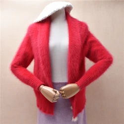 Ladies Women Autumn Winter Christmas Red Hairy Mink Cashmere Knitted Long Sleeves Slim Cardigans Mantle Angora Sweater Jacket