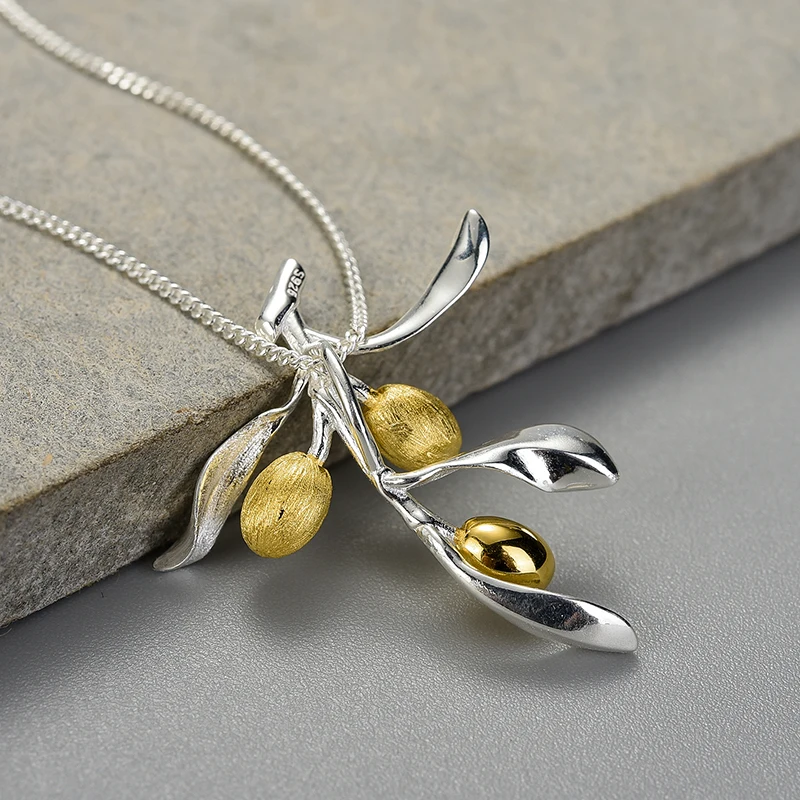 Lotus Fun Luxury Olive Leaves Branch Fruits Pendant Fashion Real 925 Sterling Silver Necklace for Women Vintage Fine Jewelry