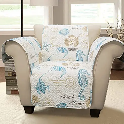 

Nautical Quilted Armchair Slipcover With Seahorse Shell Motifs In Blue And Taupe For Coastal Living Room Decor