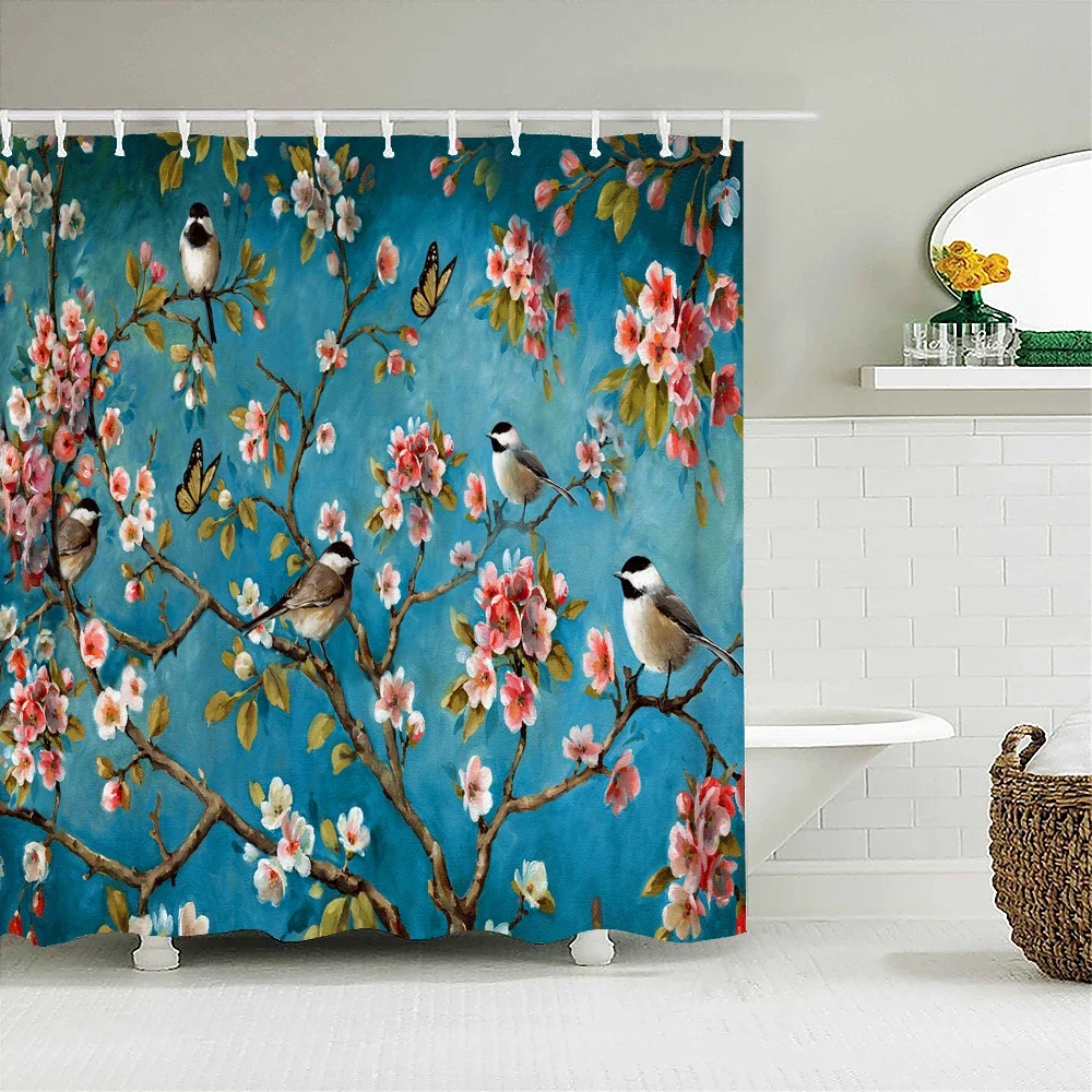 Chinese Style Flower Bird Shower Curtains Waterproof Bathroom   Curtain 3d Printed Fabric With Hooks Decoration Shower Curtain