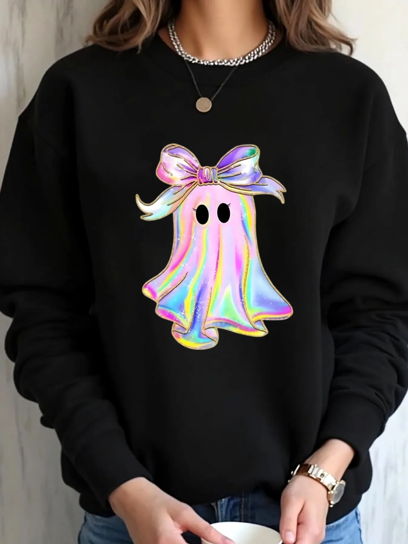 Sudadera de gran tamaño para mujer, fantasma arcoíris de Halloween con estampado de lazo, ropa para exteriores