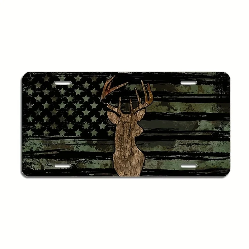 2D Flat American Flag Car Label with Deer and Star Design, Sturdy Metal Plaque, Patriotic Design
