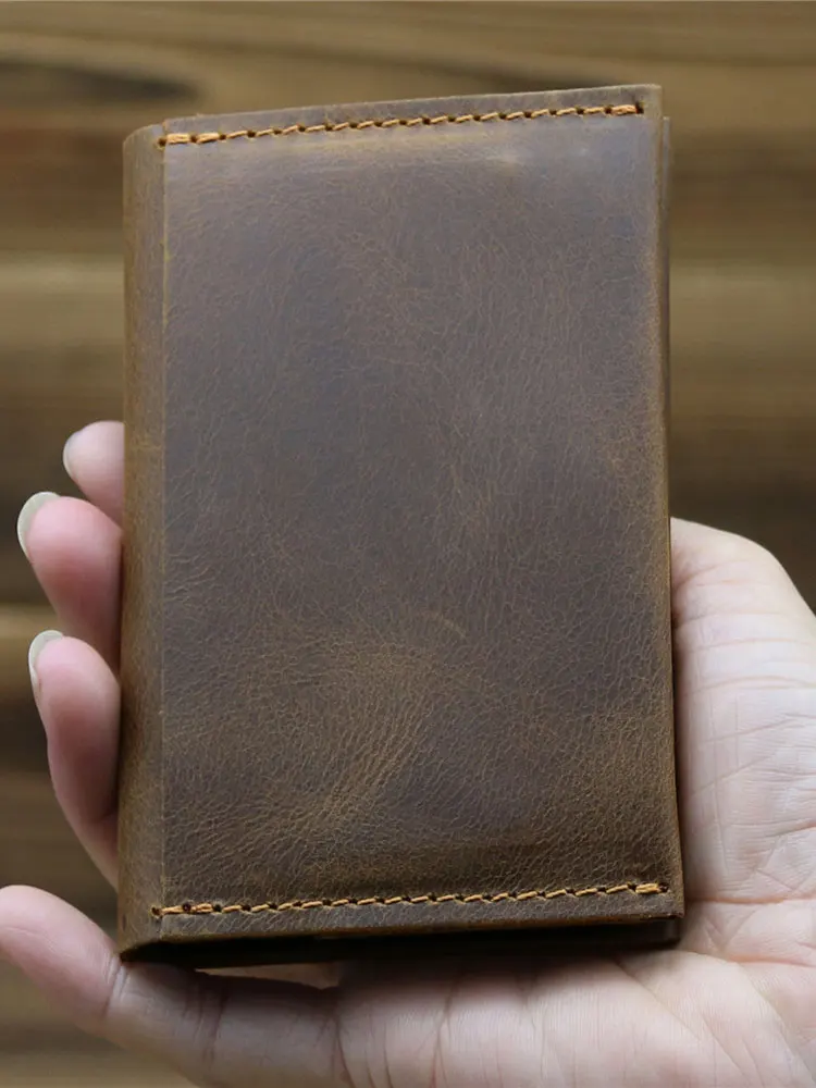 Vintage Genuine Leather Wallet Men‘s Handmade Crazy Horse Leather Purse Personality Fashion Card Bag