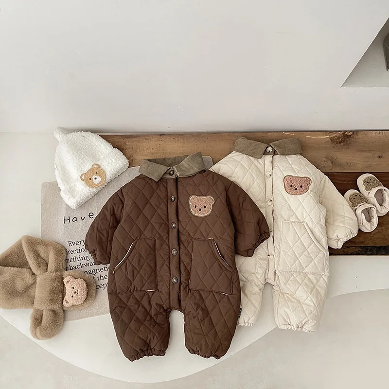 2024 Autumn Winter Baby Girls Boys 0-3 Years Cute Bear One Piece Thick Warm Rompers Infant Toddler Overalls Two Colors