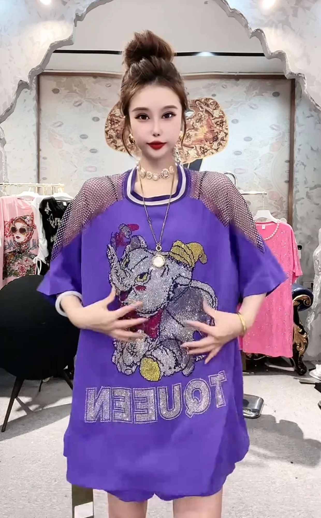 Sexy Cutout off-the-Shoulder Purple Short-Sleeved Cartoon Top 2024 Summer New Casual Loose Shorts 2 Piece Sets Women Outfits