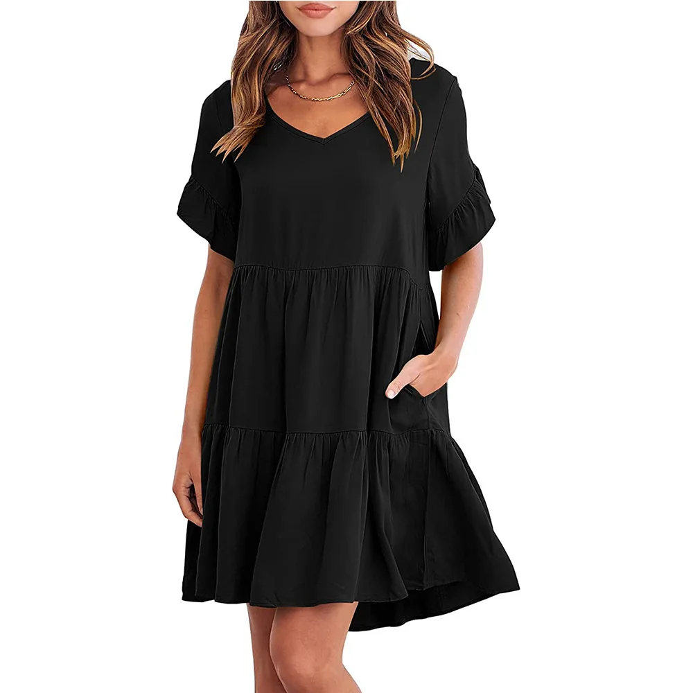 2026 New High-Quality Fashion short-sleeved dress Casual V-neck doll outfit with three layers of pleated dress for women