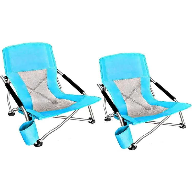 Silla de playa baja para adultos, eslinga, Plegable, portátil, concierto, niños, barco, silla de arena con portavasos y bolsa de transporte (2 paquetes de azul)