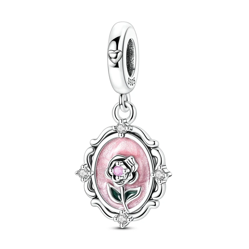 Vintage Rose Photo Frame Dangle Charm 925 Sterling Silver Pink Elegant Flower Locket Bead Fits Bracelets Gift for Women