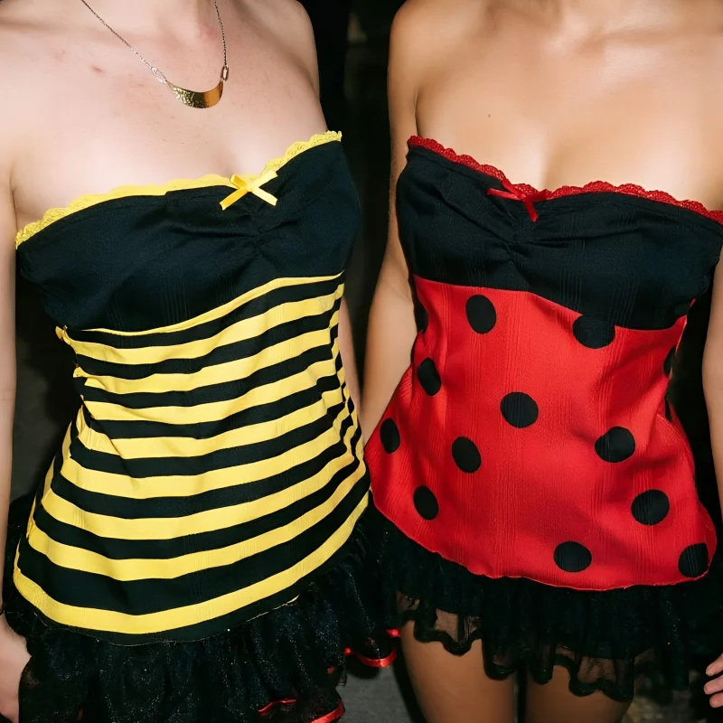 Y2k Sweet Strapless Ladybug Costume Women Halloween Cosplay Polka Dot Tube Top Lace Trim Bow Corset Camisole Party Outfits