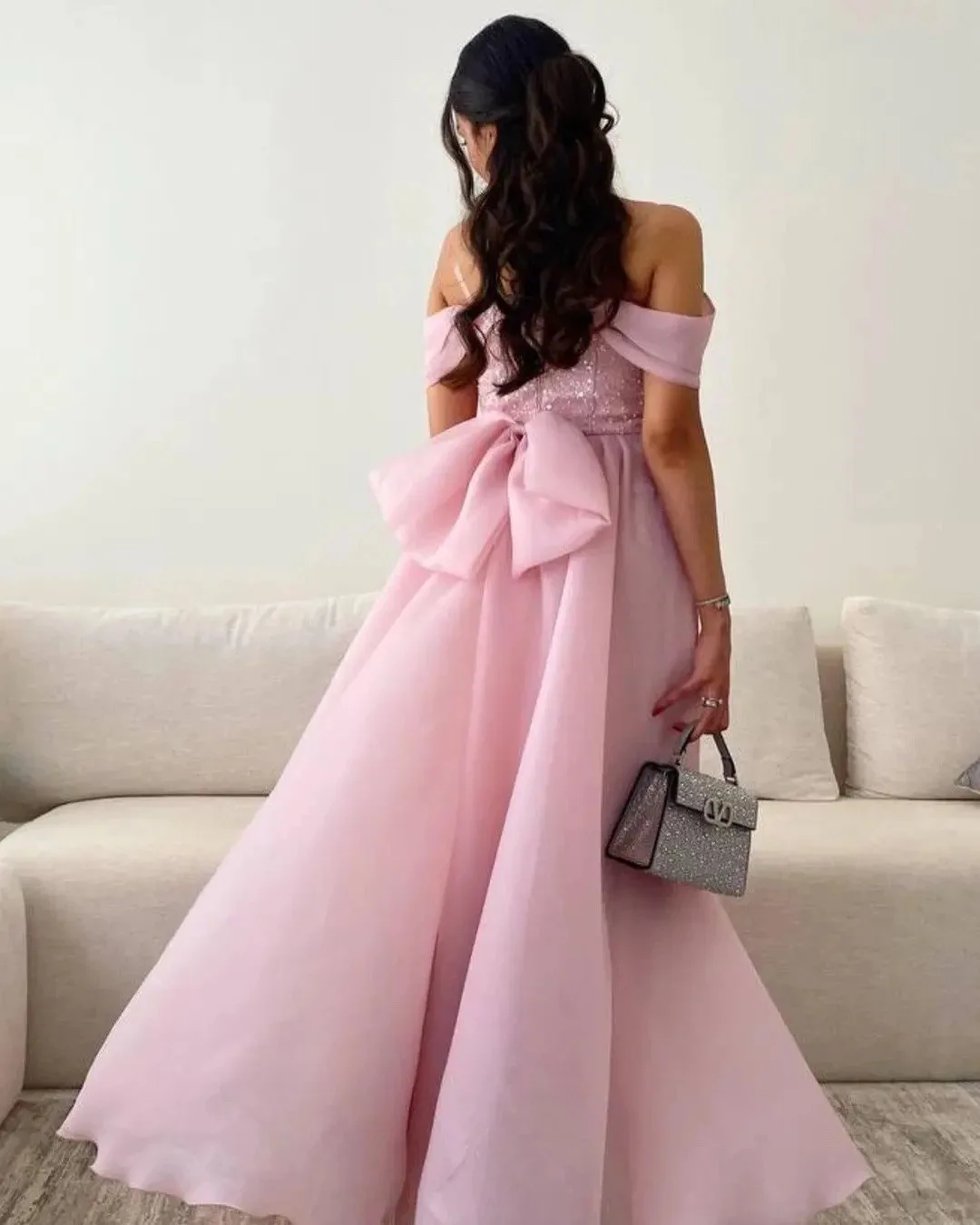 Pink Sequins Pleats Evening Dress Off Shoulder A-line Shiny Prom Gowns Tulle Custom Made for Women vestidos de festa