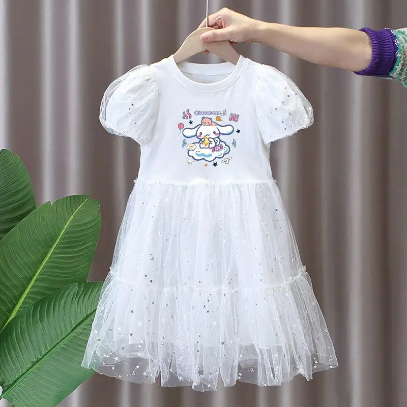 Anime Sanrioed Cinnamoroll Girls Short Sleeve Dress Sweet Cute Party Princess Dresses Gauze Skirt Cartoon Summer Child Clothing