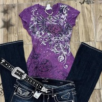 Women's Subculture Vintage Purple Print T-Shirt Summer Y2k American Retro Slim Tees Casual Harajuku Grunge Fashion Tops New