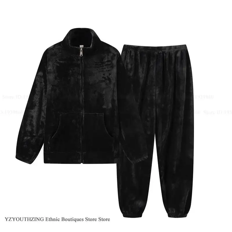 Winter Female Pajamas Set Sleepwear Warm Coral Fleece Trouser Pijamas Suit with Pocket Loose Thick Flannel High Collar Home Wear 3