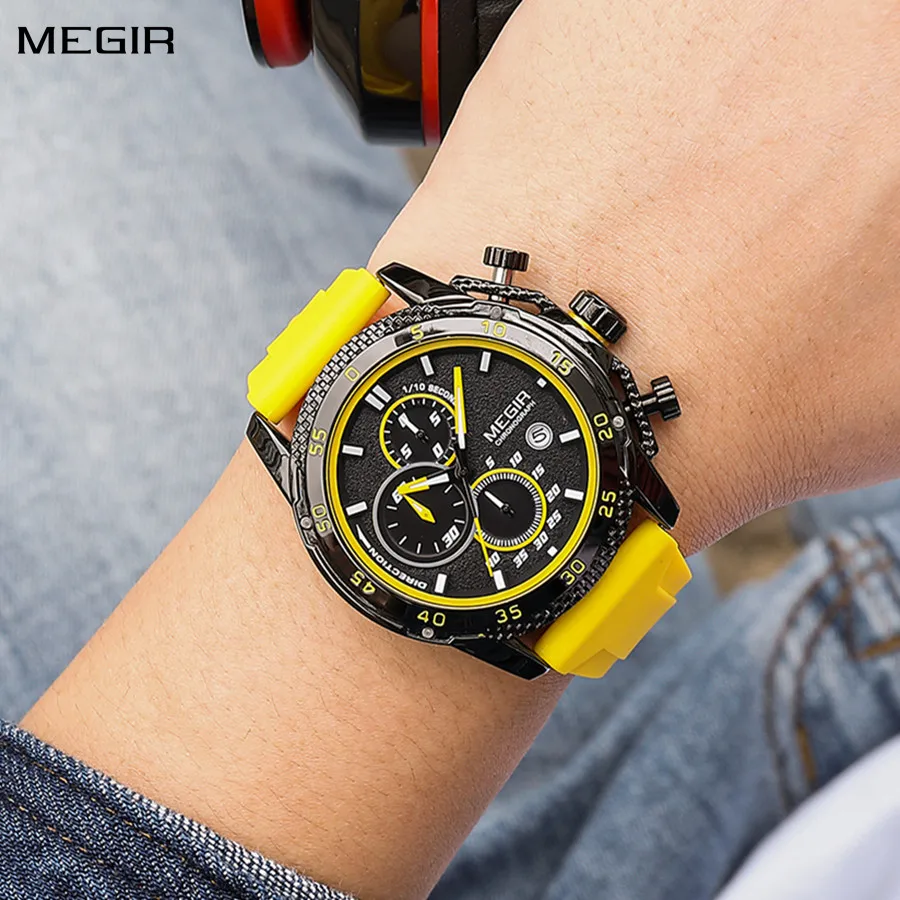 MEGIR Mens\' Watch Luxury Fashion Military Sport Wristwatch for Male Waterproof Luminous Silicone Strap Quartz Chronograph 2211