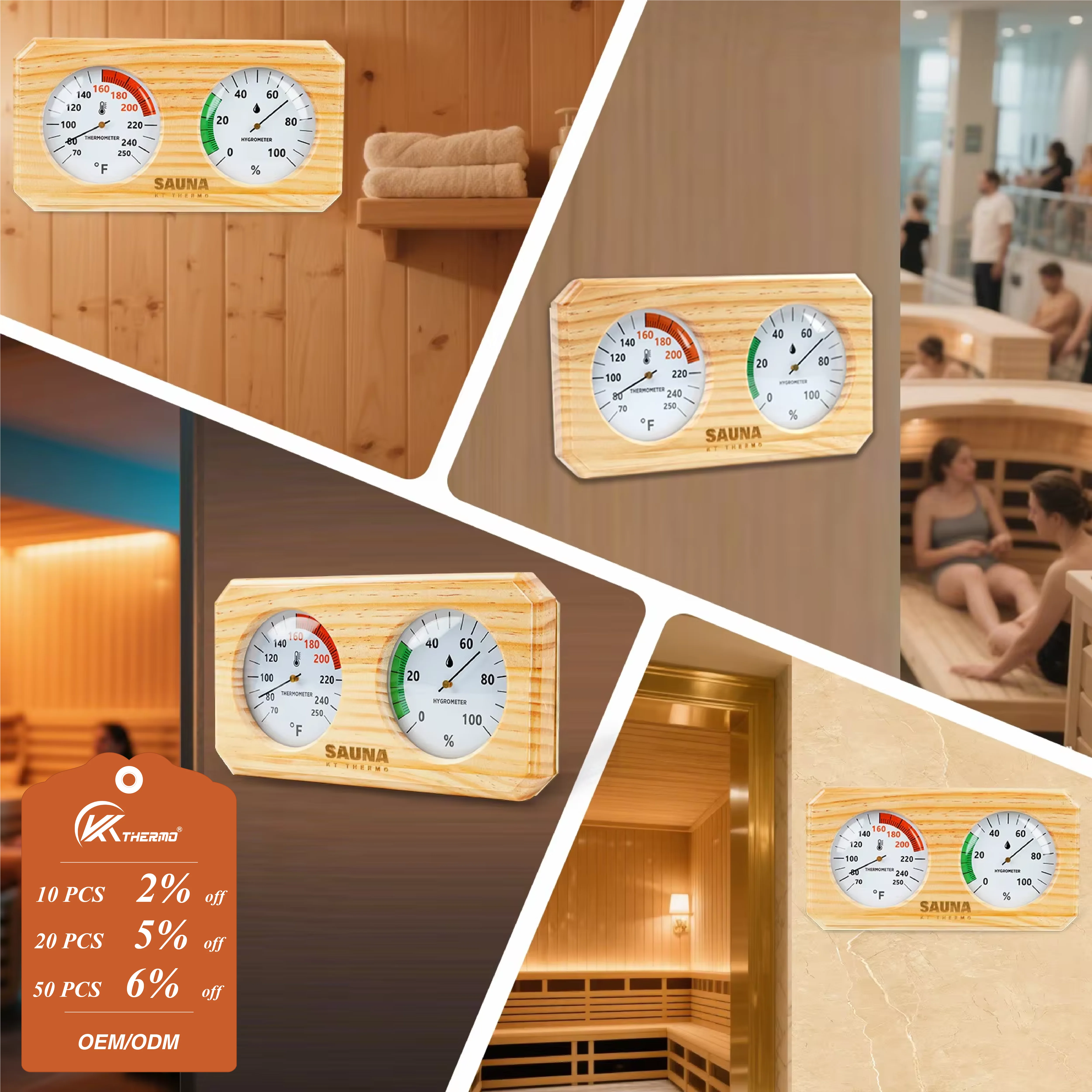 Wooden Sauna Thermometer Hygrometer 70-250°F 0-100% Humidity Gauge for Steam Room Spa Bath Indoor Temperature Monitor