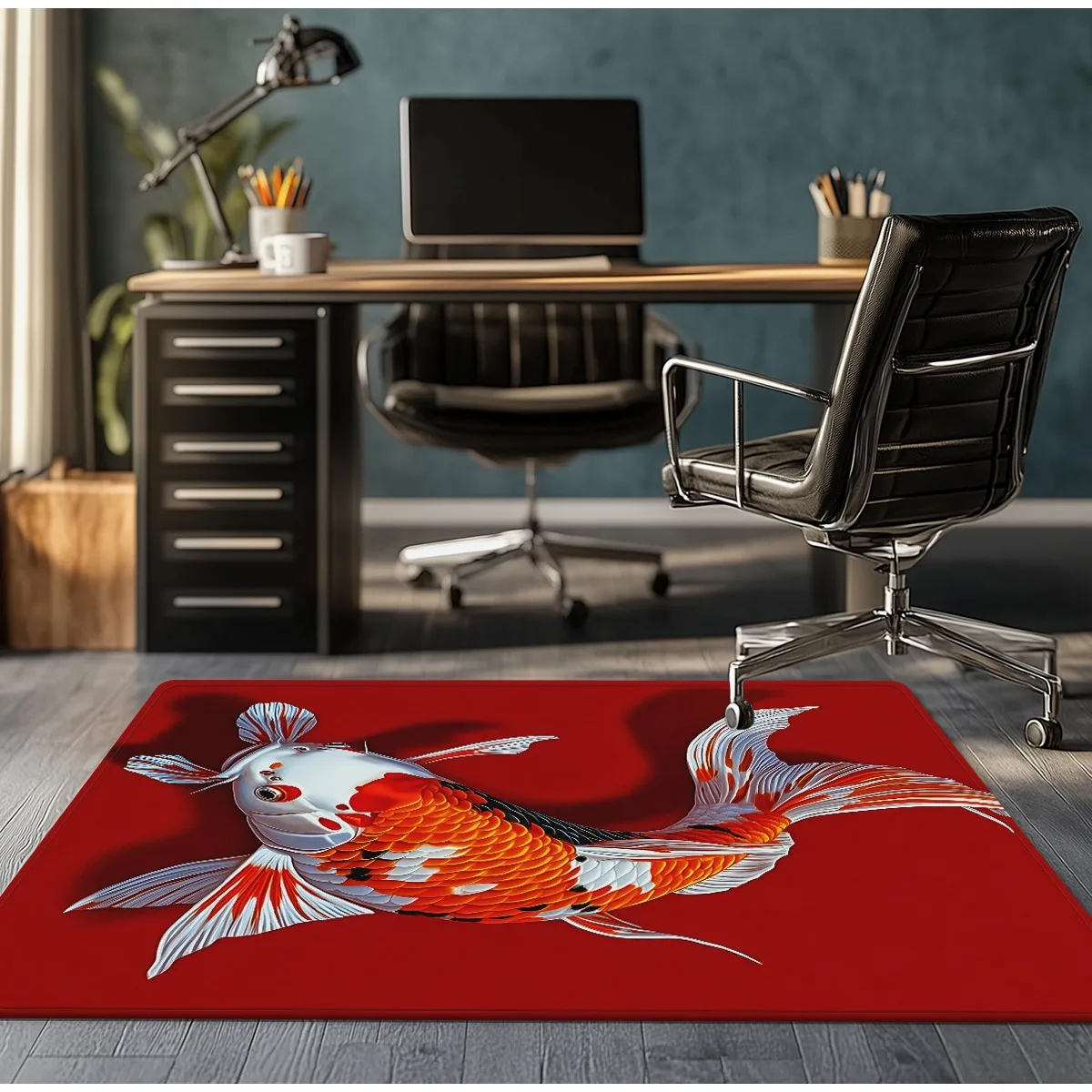 Koi Fish Red Background Crystal Velvet Rug Japanese Zen Design Living Room Bedroom Floor Mat Feng Shui Symbol Decor