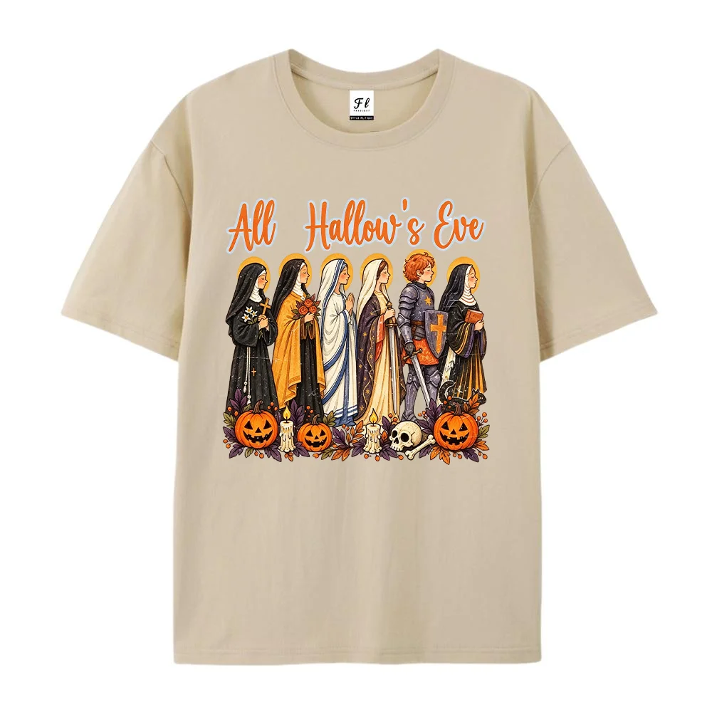 Women All Hallow's Eve Saints Pumpkin Print T Shirt Gothic Halloween Graphic Tee Summer Short Sleeve Top Casual Streetwear