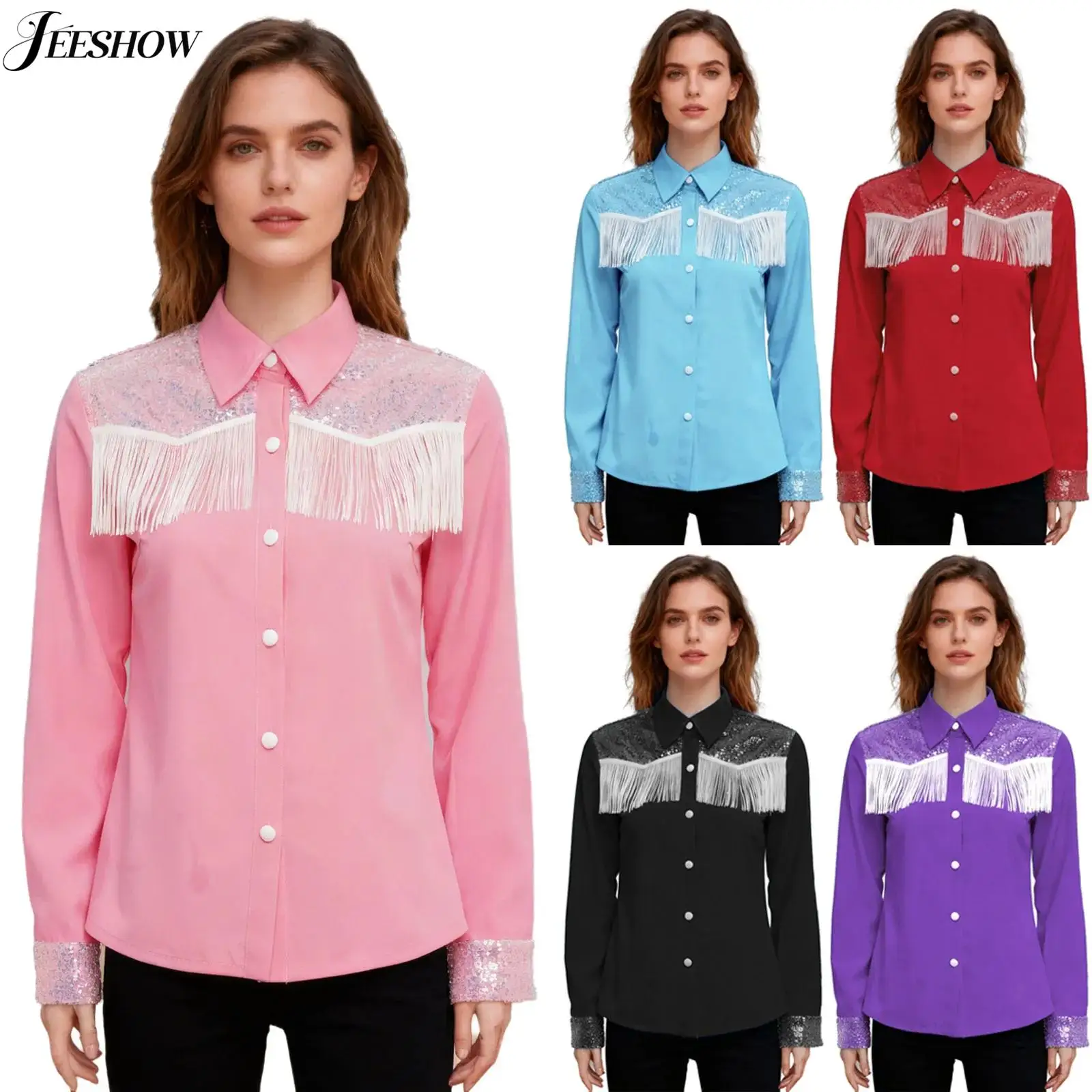 

Женская ковбойская рубашка в стиле вестерн с пайетками, пэчворком, на пуговицах, с отложным воротником, длинным рукавом и бахромой