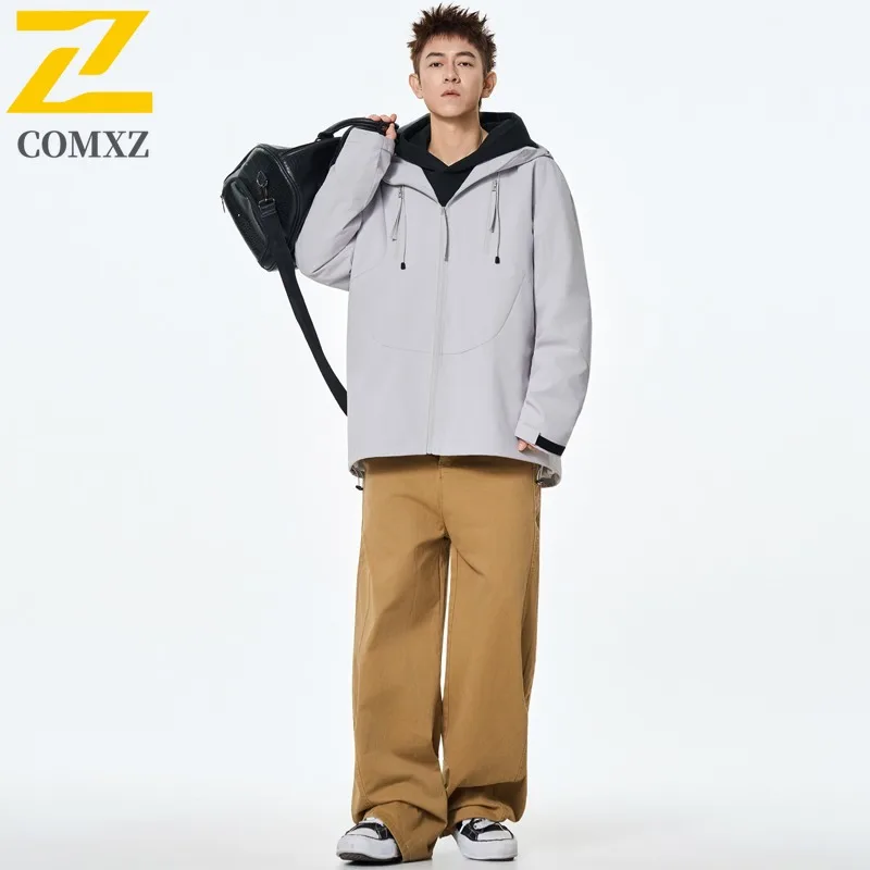 COMXZ Men Jacket Classic Hood Outdoor Adventure Multifunctional Coat Fashion Solid Color Street Style Lightweight Autumn Garment