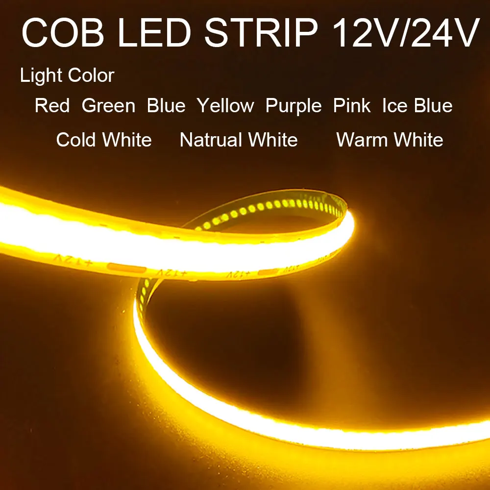 COB LED Strip 320LEDs/M DC12V 24V High Density Flexible Warm Natural White Red Blue Green Pink Tape Lights For Lighting Decor